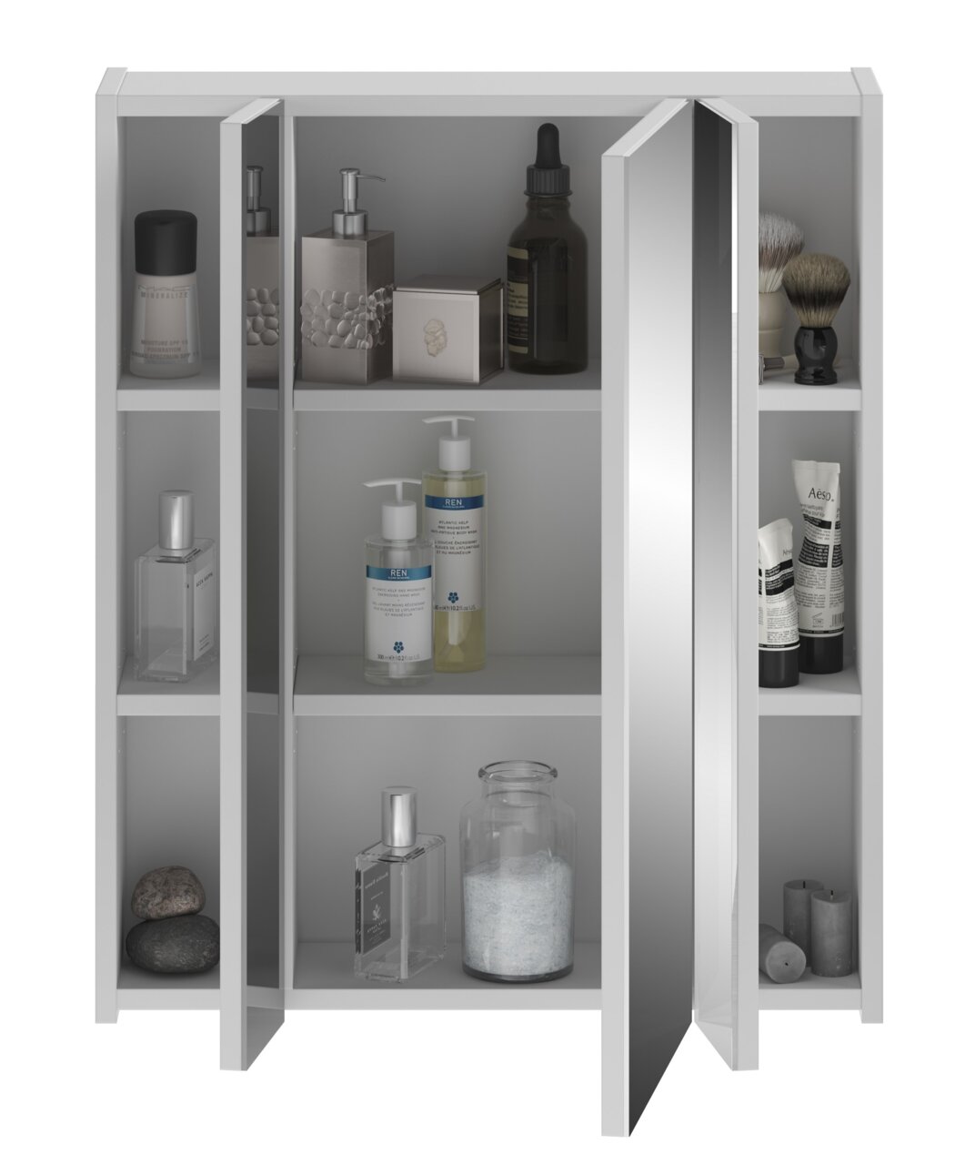 Moderner Spiegelschrank mit geöffneter Tür, gefüllt mit Pflegeprodukten, aus frontaler Perspektive.
