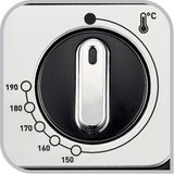 Nahaufnahme des Temperaturreglers einer Fritteuse Filtra Pro Inox mit Temperaturanzeige von 150 bis 190 Grad Celsius.