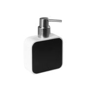 Moderner Seifenspender Amara in Weiß und Schwarz mit Edelstahlpumpe, seitliche Perspektive