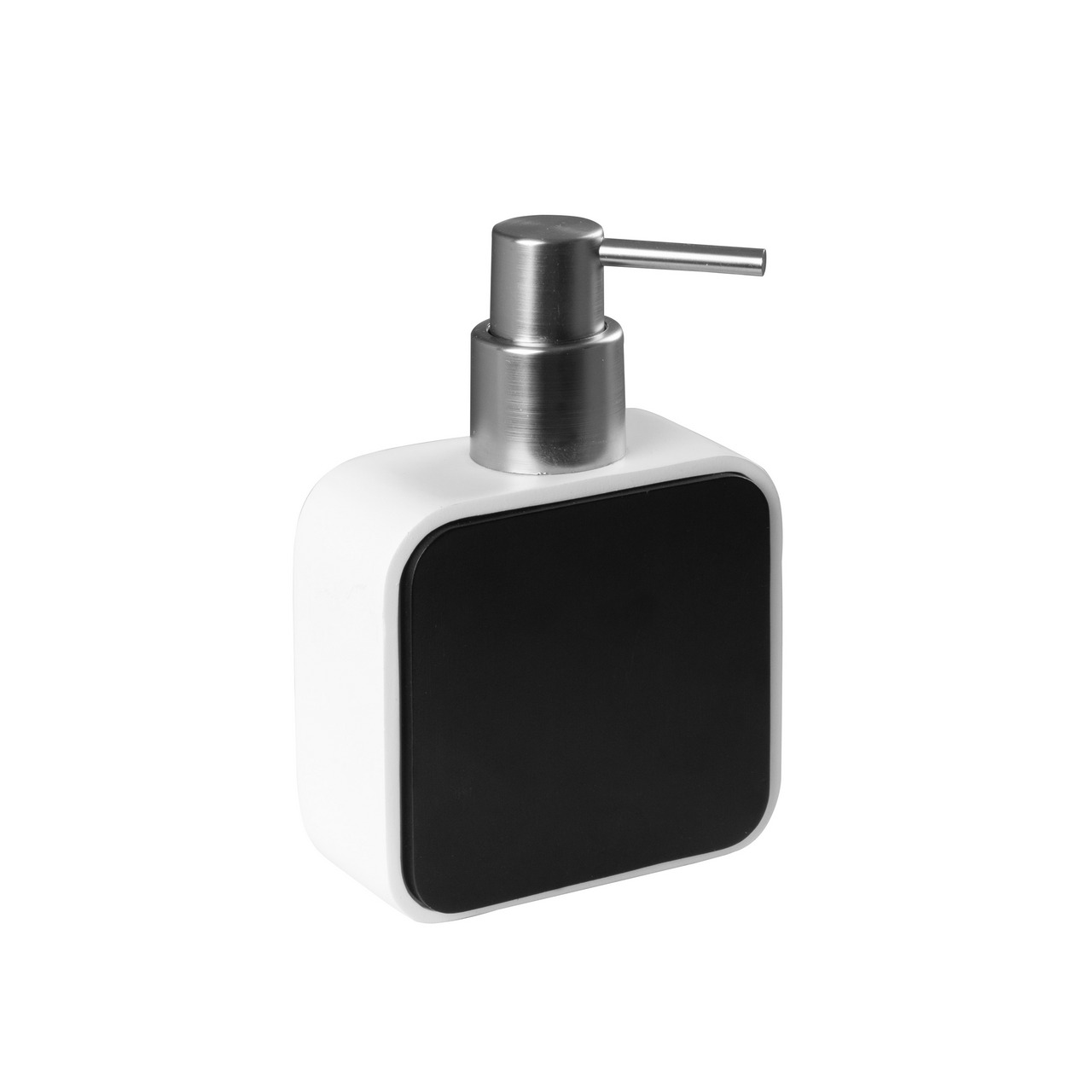 Moderner Seifenspender Amara in Weiß und Schwarz mit Edelstahlpumpe, seitliche Perspektive