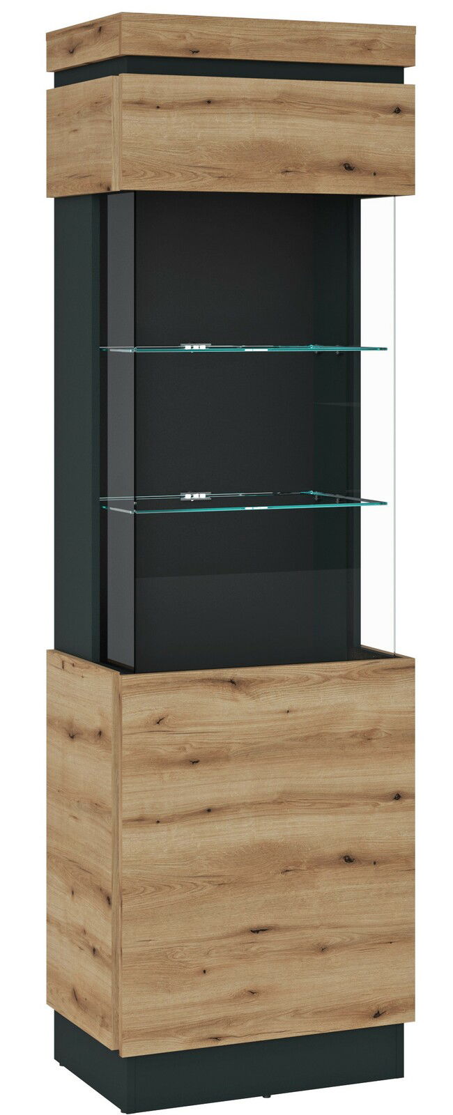 Vitrine aus Holz mit Glasregalen, frontal betrachtet