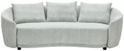 Dreier-Sitzer-Sofa DOMINIQUE in hellgrauem Cordstoff, frontal fotografiert mit drei passenden Kissen.