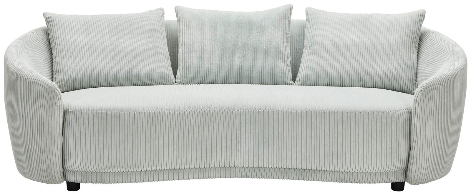 Dreier-Sitzer-Sofa DOMINIQUE in hellgrauem Cordstoff, frontal fotografiert mit drei passenden Kissen.