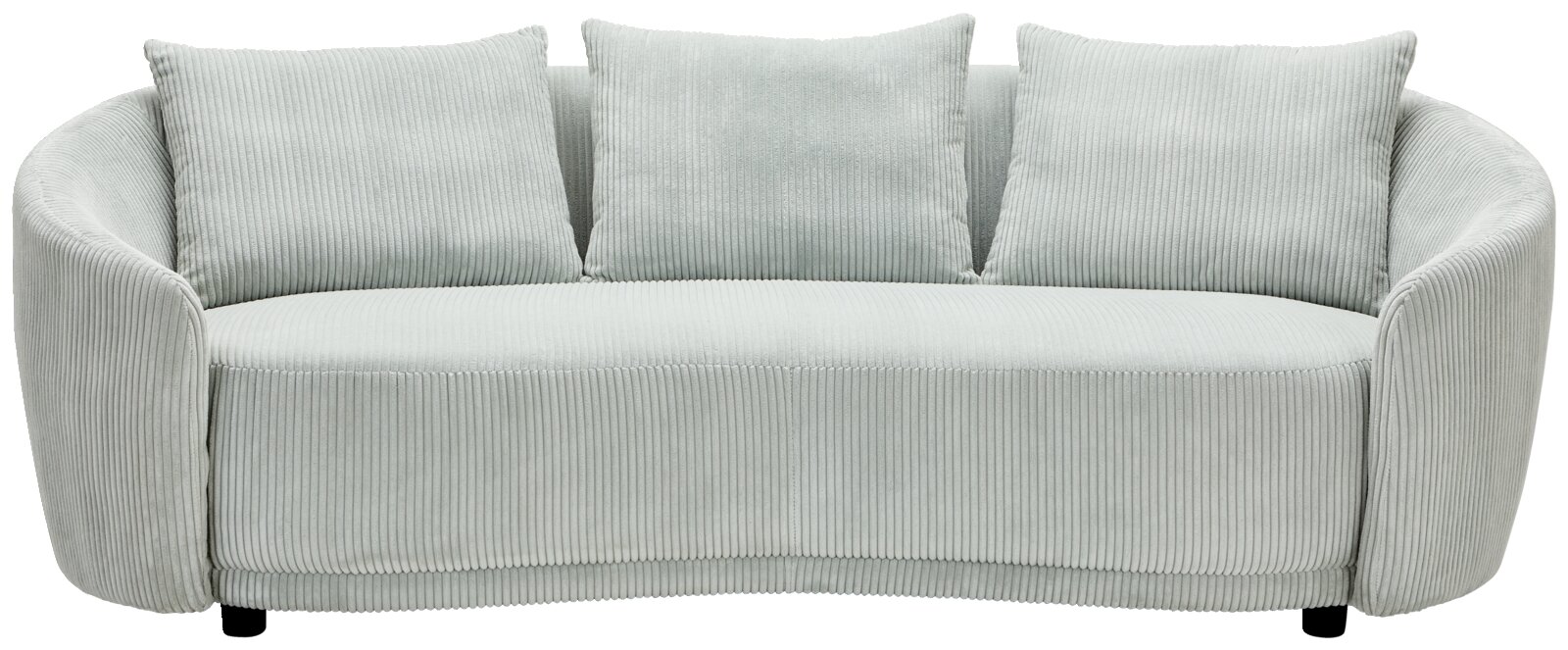 Dreier-Sitzer-Sofa DOMINIQUE in hellgrauem Cordstoff, frontal fotografiert mit drei passenden Kissen.