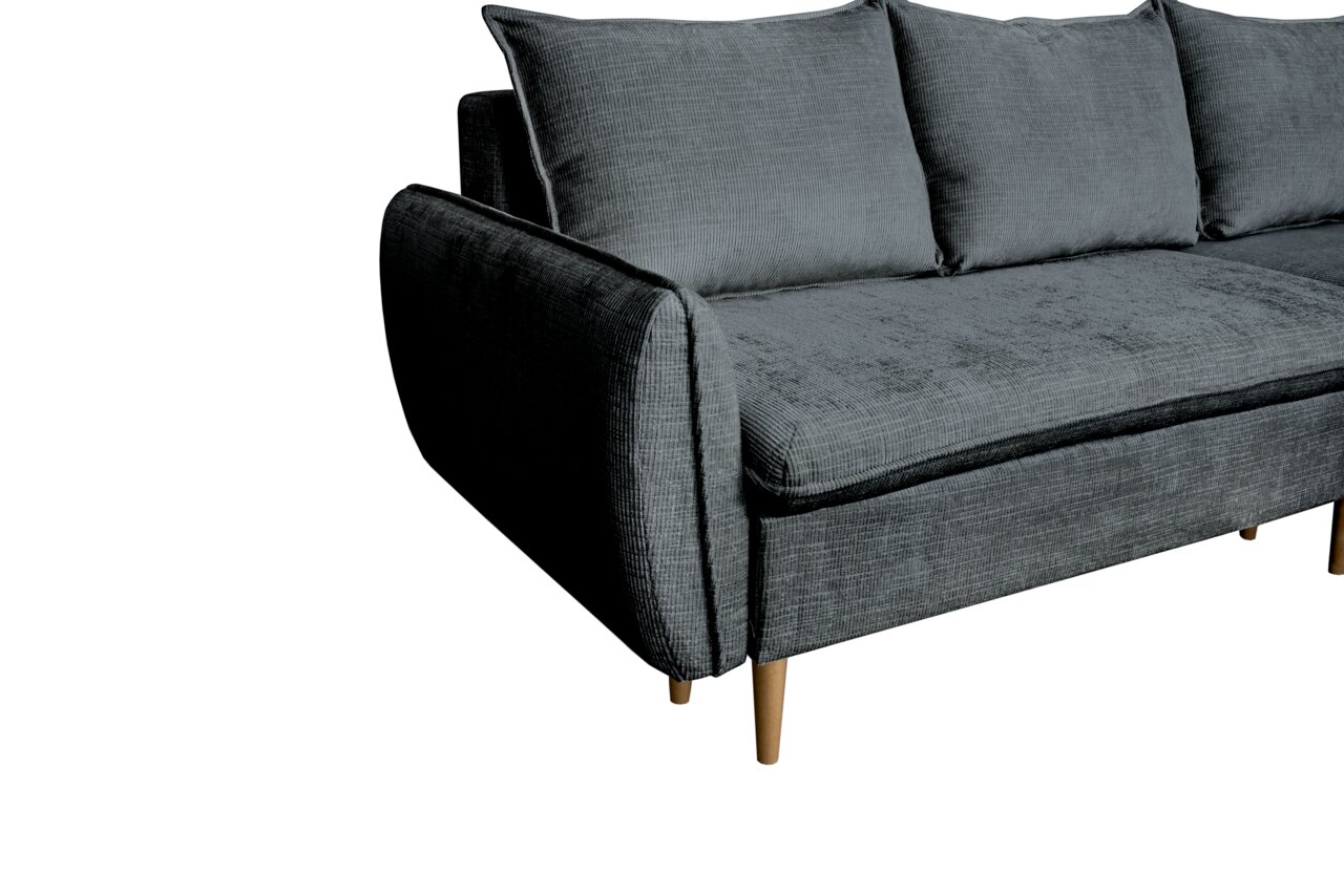 Graues Sofa mit Holzbeinen, seitliche Perspektive