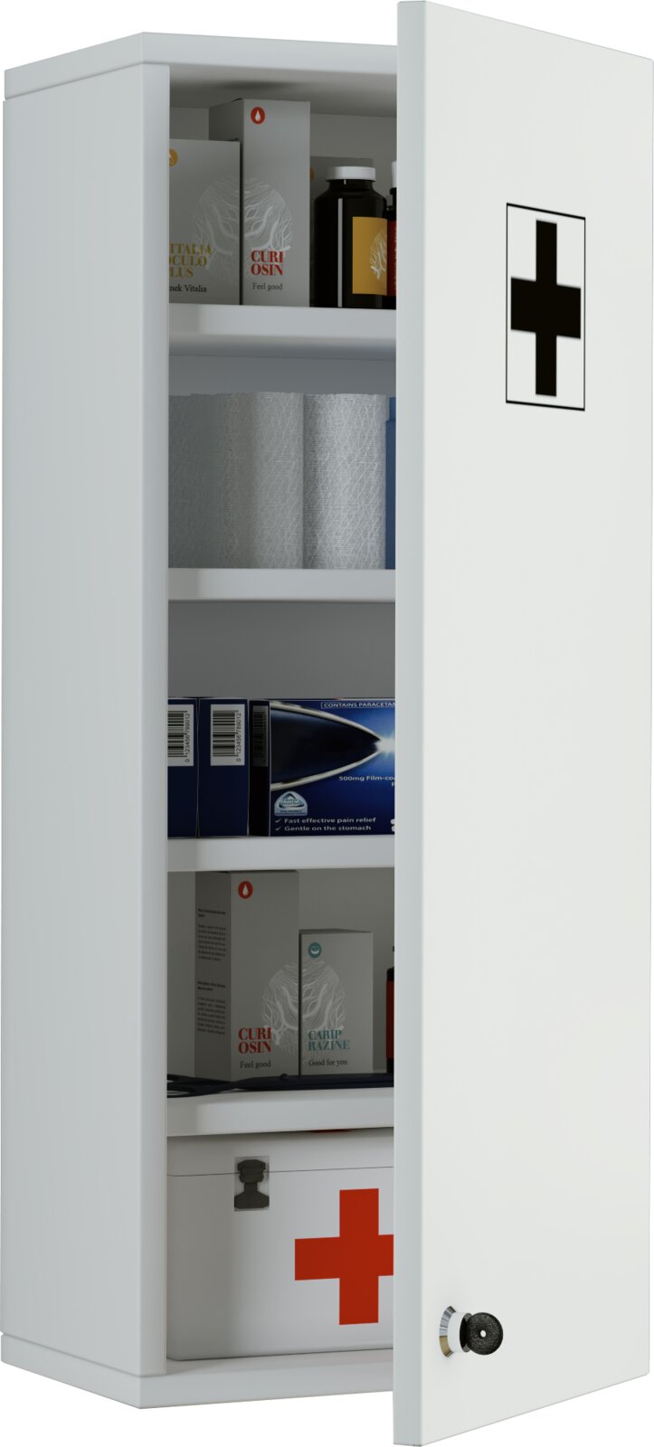 Weißer Medizinschrank/Erste-Hilfe-Schrank mit geöffnetem Türflügel, innen mit Verbandsmaterial, Medikamentenschachteln und Flaschen, Frontansicht in leicht schräger Perspektive von rechts
