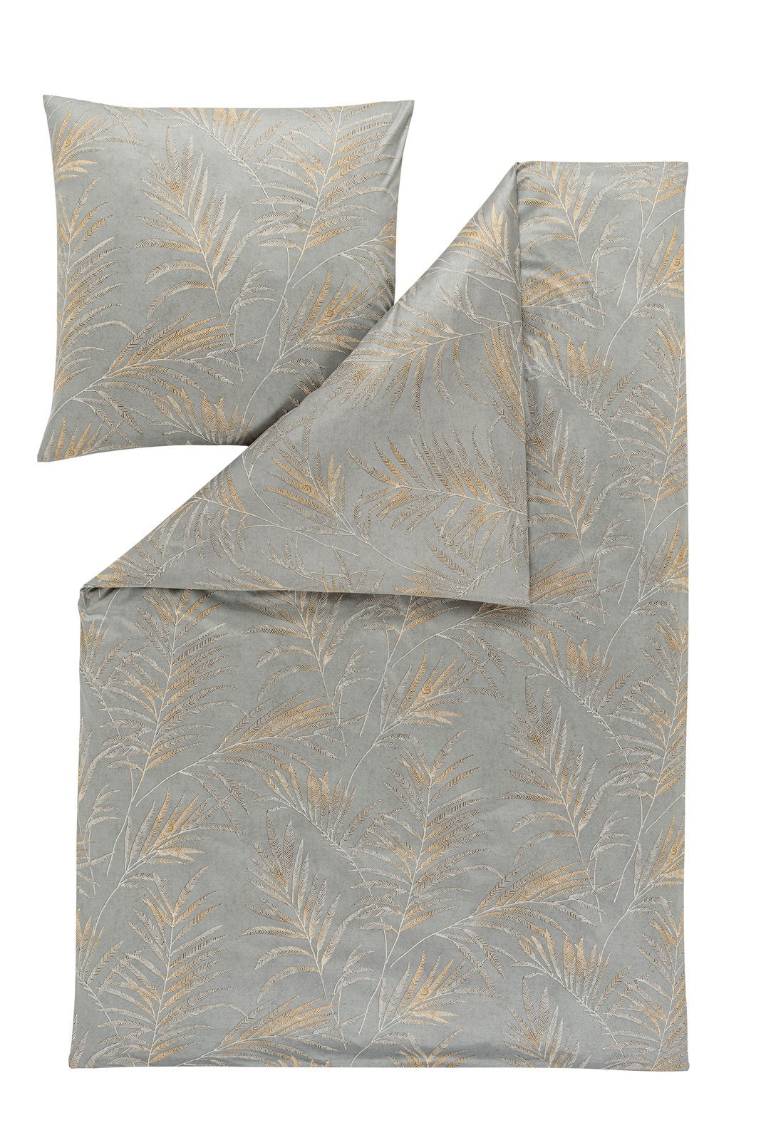 Bettwäsche-Set in Grau mit goldenen Blattmustern, bestehend aus einem Kissenbezug und einem Bettdeckenbezug, von oben fotografiert.