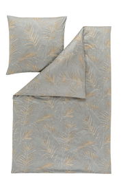 Bettwäsche-Set in Grau mit goldenen Blattmustern, bestehend aus einem Kissenbezug und einem Bettdeckenbezug, von oben fotografiert.