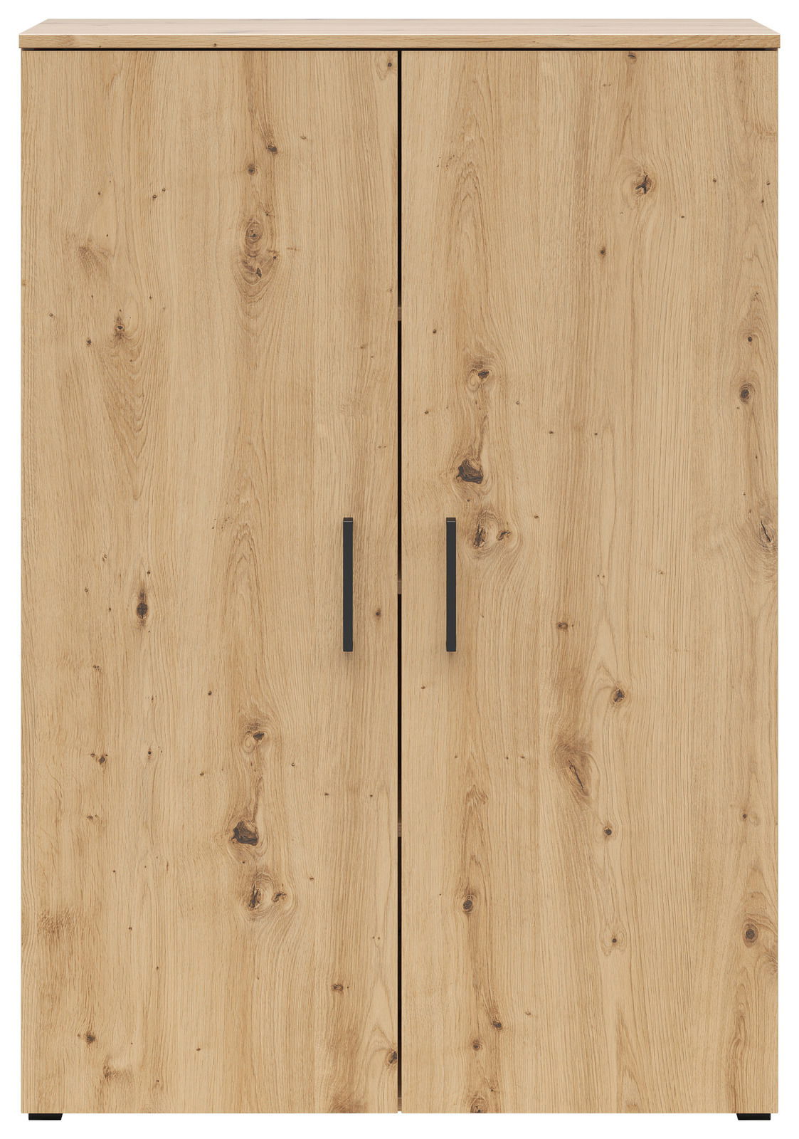 Frontansicht einer Kommode mit zwei Türen in Holzoptik und schwarzen Griffen.