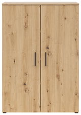 Frontansicht einer Kommode mit zwei Türen in Holzoptik und schwarzen Griffen.