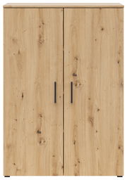 Frontansicht einer Kommode mit zwei Türen in Holzoptik und schwarzen Griffen.