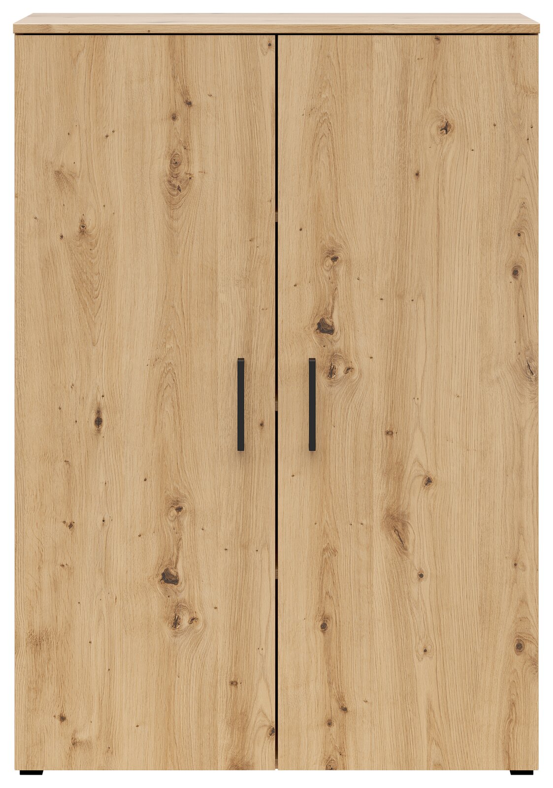 Frontansicht einer Kommode mit zwei Türen in Holzoptik und schwarzen Griffen.