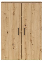 Frontansicht einer Kommode mit zwei Türen in Holzoptik und schwarzen Griffen.