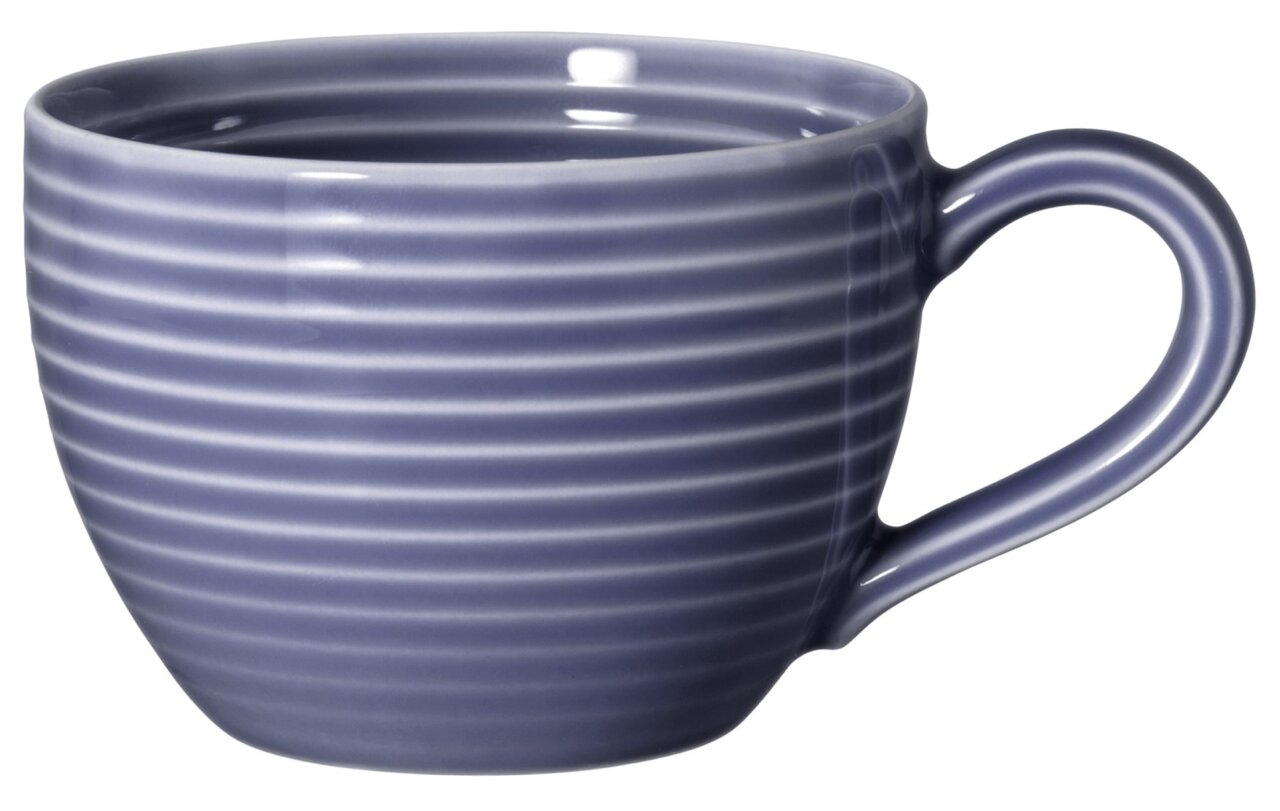 Blauw espressokopje met horizontale strepen, zijaanzicht