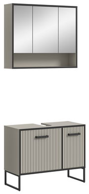 Moderne Badkombination bestehend aus einem wandhängenden Spiegelschrank mit drei Türen und einem Unterschrank mit zwei Türen, in einer stilvollen Frontansicht.