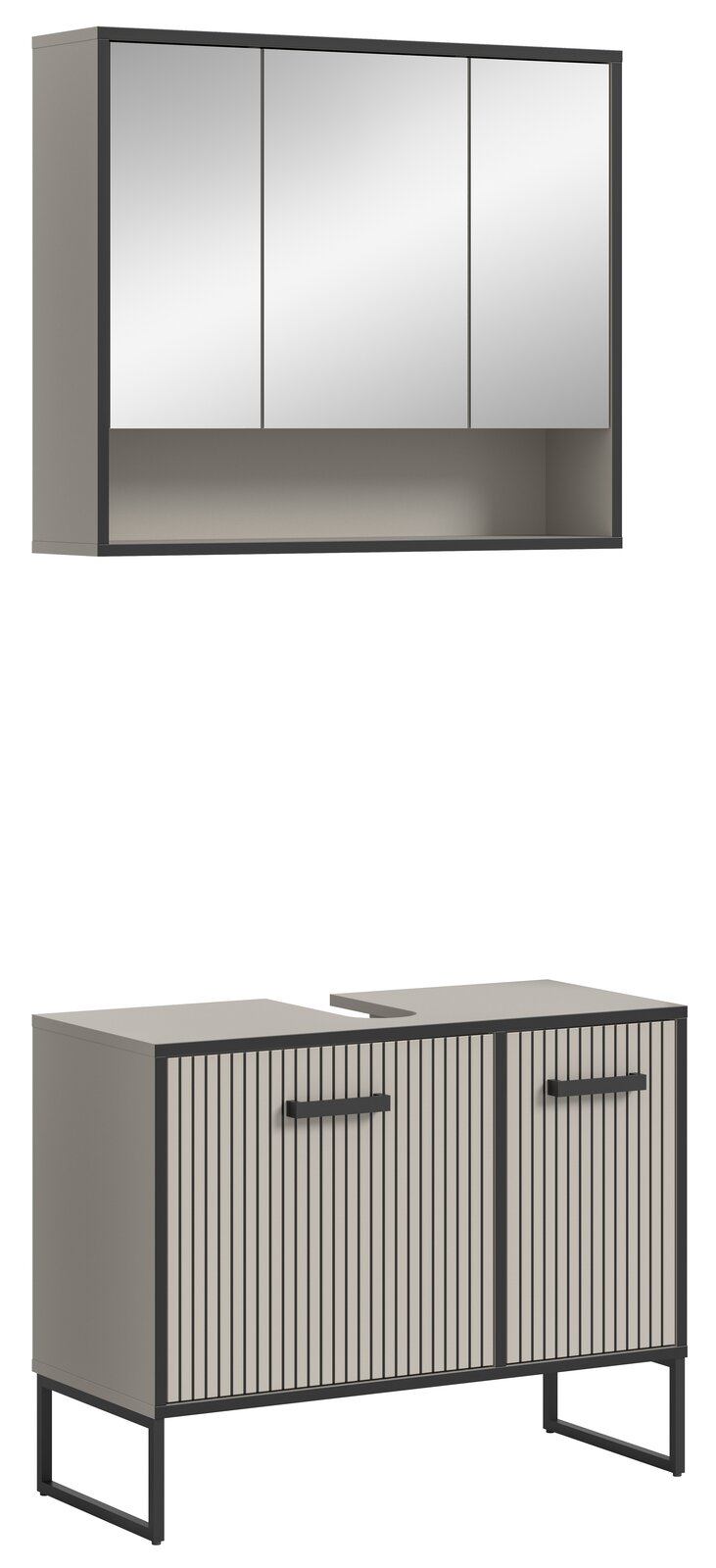 MID.YOU Badkombination BAGNO Moderne Badkombination bestehend aus einem wandhängenden Spiegelschrank mit drei Türen und einem Unterschrank mit zwei Türen, in einer stilvollen Frontansicht.