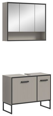 Moderne Badkombination bestehend aus einem wandhängenden Spiegelschrank mit drei Türen und einem Unterschrank mit zwei Türen, in einer stilvollen Frontansicht.