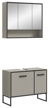 Moderne Badkombination bestehend aus einem wandhängenden Spiegelschrank mit drei Türen und einem Unterschrank mit zwei Türen, in einer stilvollen Frontansicht.