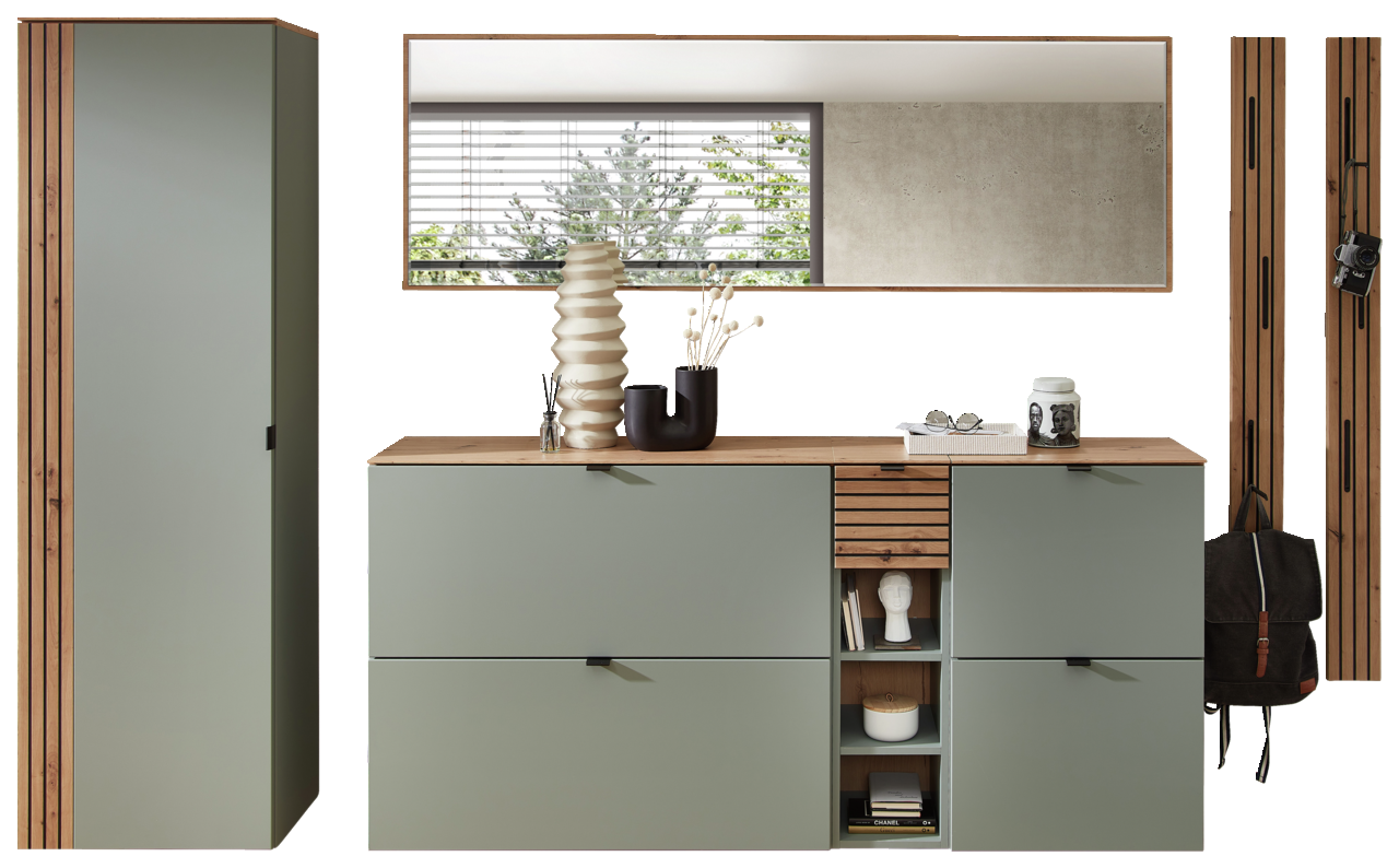 Garderoben-Set DIANA in Schilfgrün mit Holzdetails, bestehend aus einem hohen Schrank, einer Kommode mit Spiegel und zwei Wandpaneelen. Frontalansicht.
