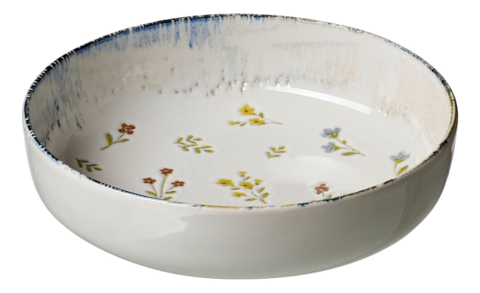 Ritzenhoff & Breker Suppenteller VIOLA Flache weiße Keramikschale mit zartem Blumenmuster und blau akzentuiertem Rand, aus schräger Vorderansicht