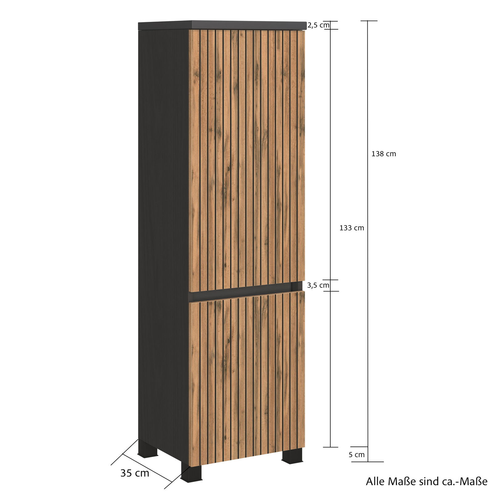 Midischrank mit Holzoptik, Frontansicht, Maße: 138 cm hoch, 35 cm tief