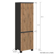 Midischrank mit Holzoptik, Frontansicht, Maße: 138 cm hoch, 35 cm tief