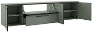 XL-TV-Lowboard in grauer Farbe mit offenen Türen und Schubladen, Frontansicht