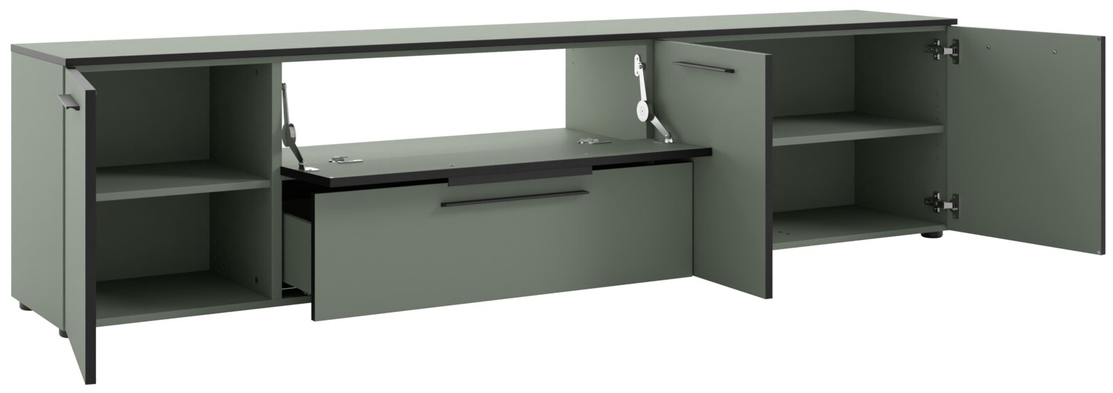 XL-TV-Lowboard in grauer Farbe mit offenen Türen und Schubladen, Frontansicht