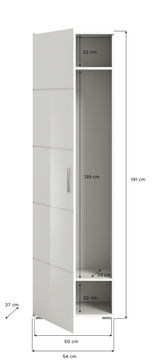 Hochformatiger, weißer Garderobenschrank mit offener Tür, zeigt Innenfächer und Maße aus der Vorderansicht.