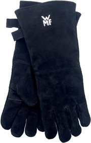 Zwarte, lange WMF-handschoenen met wit logo, vooraanzicht licht schuin van bovenaf