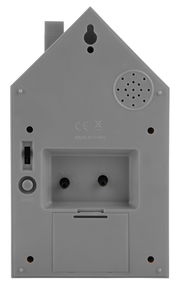 Rückansicht eines modernen Weckers in Hausform mit Bedienelementen und Lautsprecher.