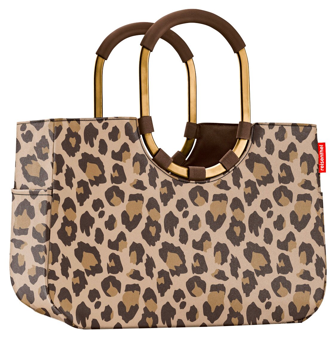Tas met luipaardprint en gouden handvatten, zijaanzicht