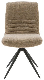 Moderner Stuhl mit gepolsterter Sitzfläche und Rückenlehne in braunem Stoff, auf schwarzem Metallgestell, Frontalansicht.
