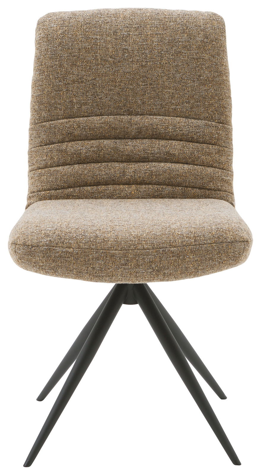 Moderner Stuhl mit gepolsterter Sitzfläche und Rückenlehne in braunem Stoff, auf schwarzem Metallgestell, Frontalansicht.