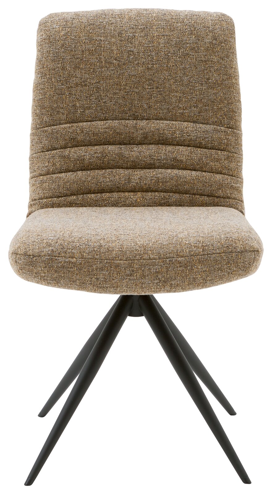 Moderner Stuhl mit gepolsterter Sitzfläche und Rückenlehne in braunem Stoff, auf schwarzem Metallgestell, Frontalansicht.
