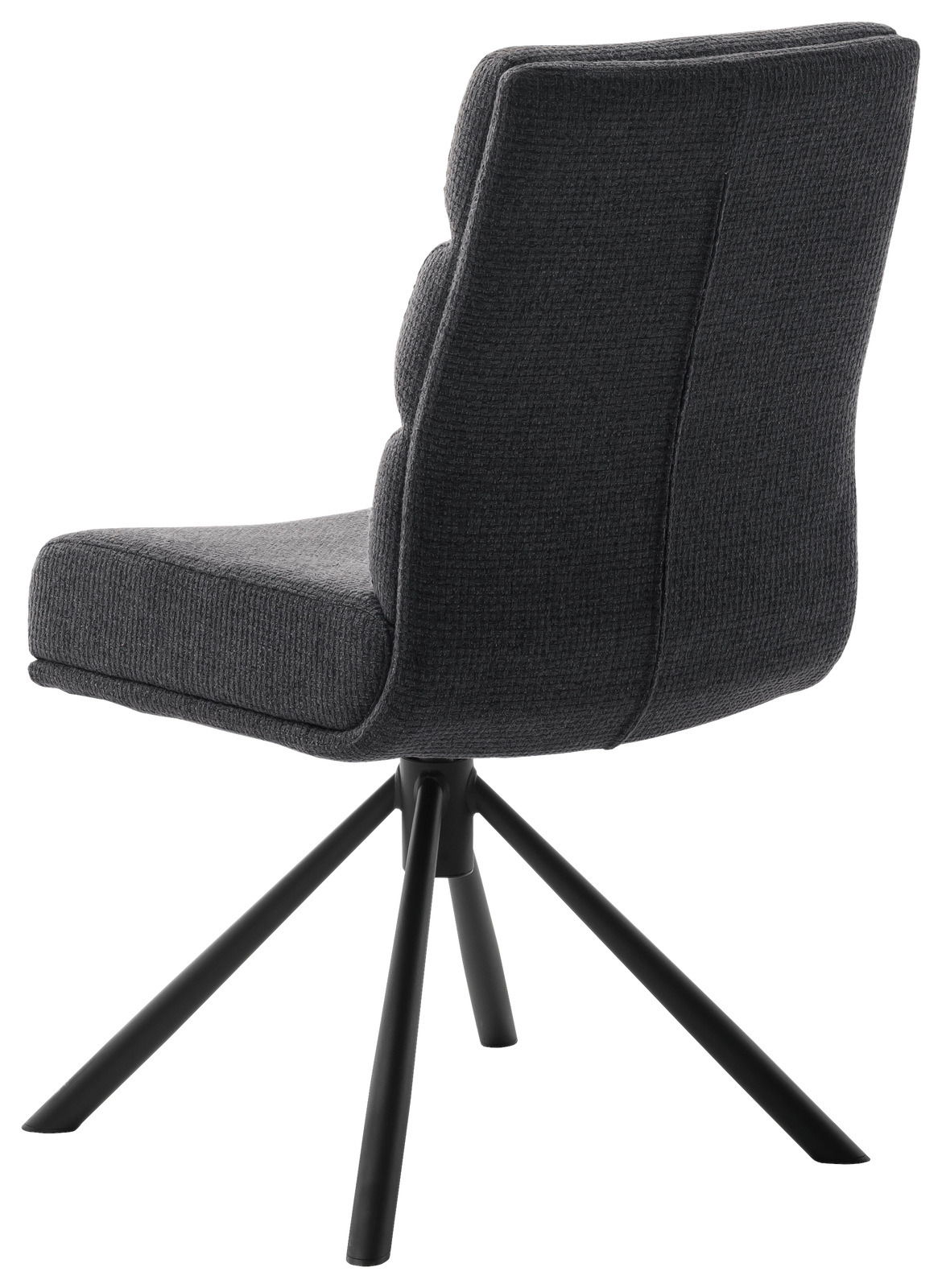 Rückansicht eines modernen, dunkelgrauen Stuhls mit gepolsterter Rückenlehne und schwarzem Metallgestell.