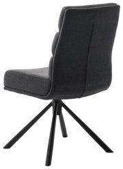 Rückansicht eines modernen, dunkelgrauen Stuhls mit gepolsterter Rückenlehne und schwarzem Metallgestell.