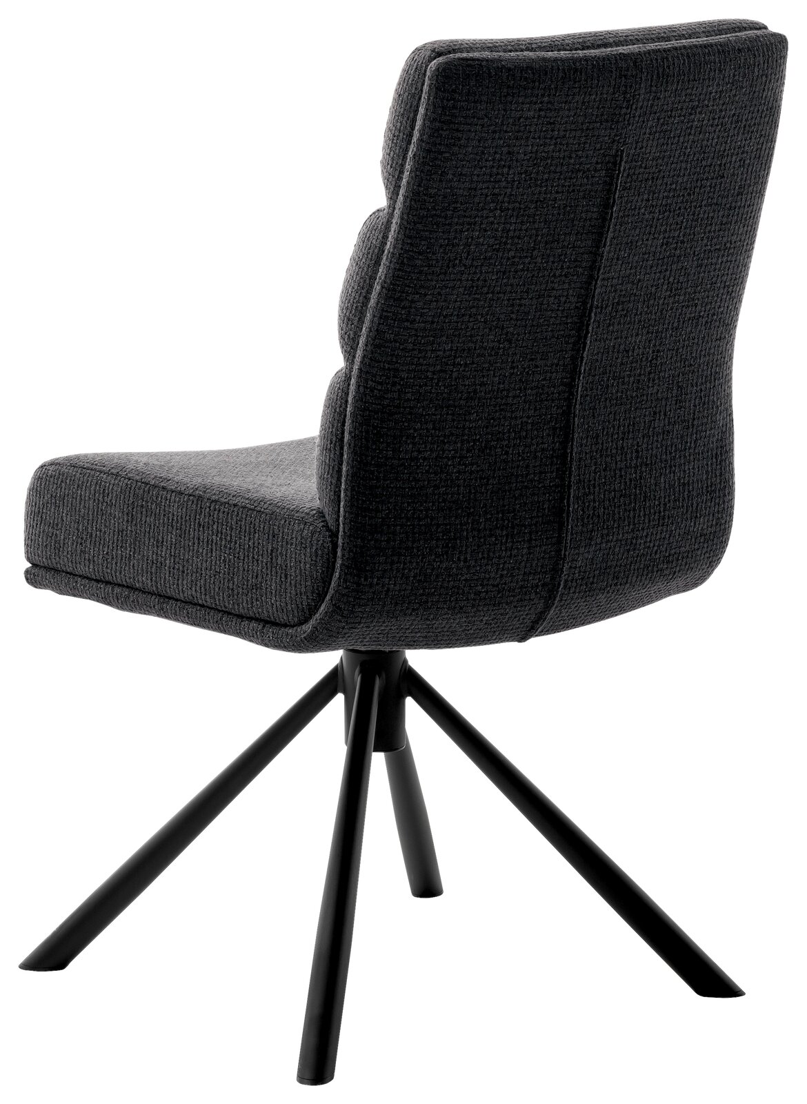 Rückansicht eines modernen, dunkelgrauen Stuhls mit gepolsterter Rückenlehne und schwarzem Metallgestell.