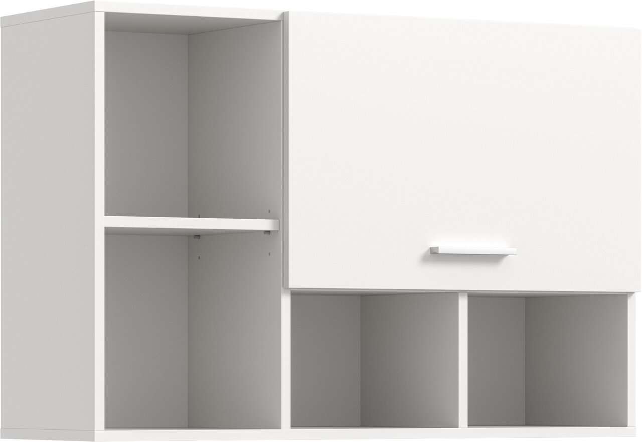 MID.YOU Hängeschrank FREE Weißer Hängeschrank/Oberschrank mit offener Regalfläche links (Einlegeboden) und geschlossener Klapptür rechts mit Griff, darunter offene Fächer; Ansicht schräg von vorn.