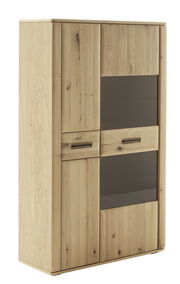 Hochwertiges Highboard aus hellem Holz mit Glaseinsätzen, seitliche Perspektive