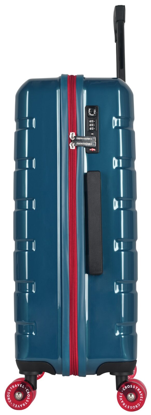 Blauwglanzende harde koffer met rode rits, TSA-cijferslot en vier rode spinnerwielen, zijaanzicht op witte achtergrond