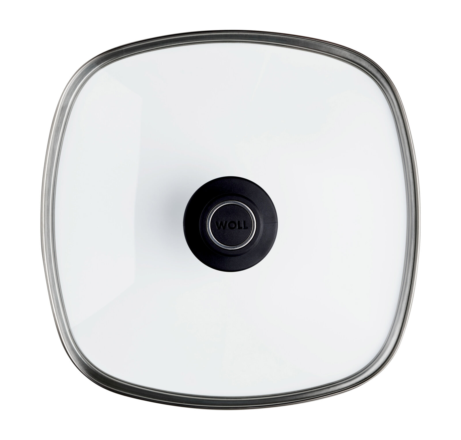 Sicherheitsglasdeckel 28 x 28 cm von oben mit schwarzem Griff und Metallrand