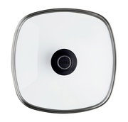 Sicherheitsglasdeckel 28 x 28 cm von oben mit schwarzem Griff und Metallrand