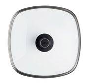 Sicherheitsglasdeckel 28 x 28 cm von oben mit schwarzem Griff und Metallrand