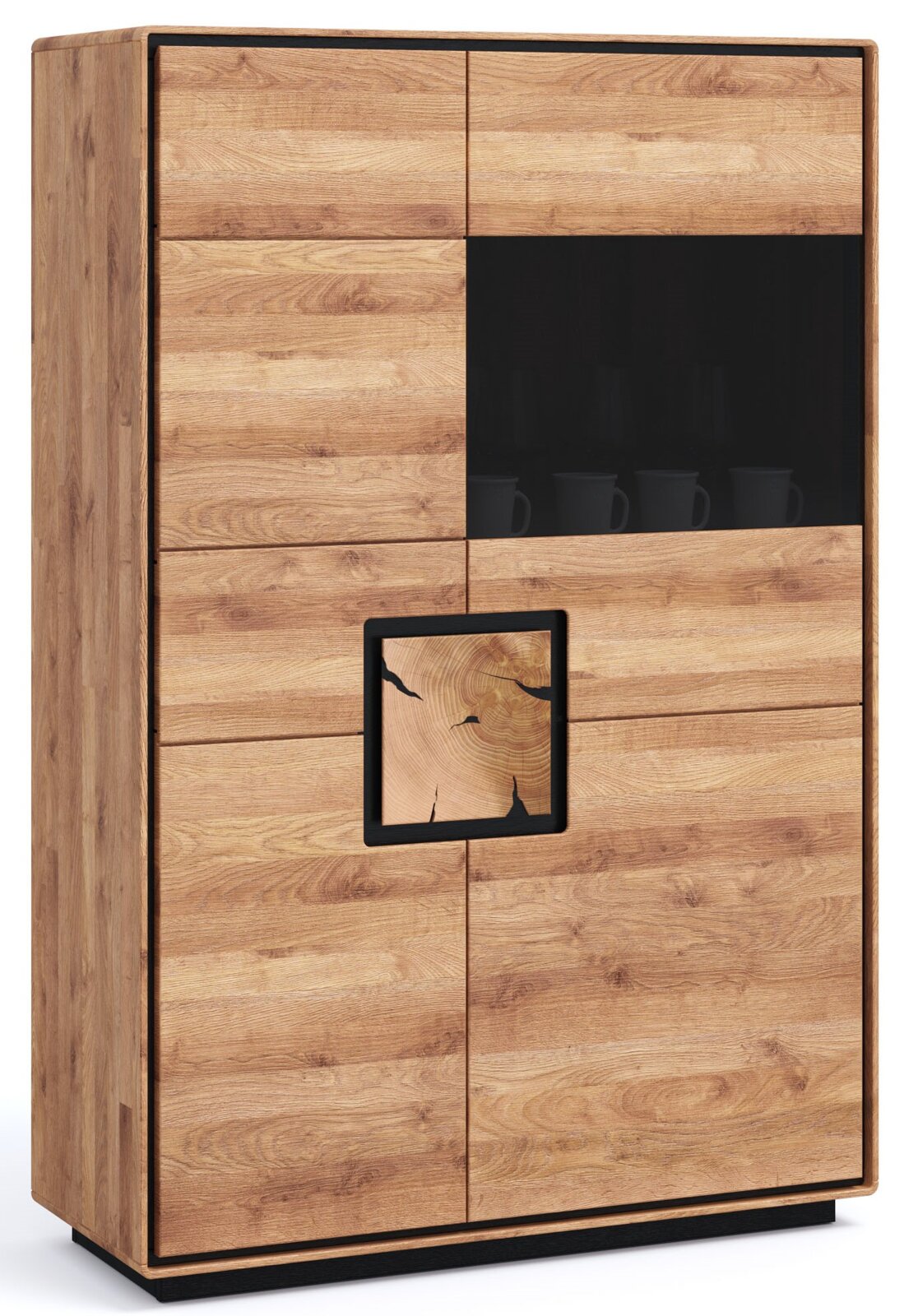Landscape Highboard II BRIXEN Moderne vitrinekast/kast in eikenlook met een zwart glas-/accentpaneel en een vierkant decoratiestuk, vrijstaand tegen een witte achtergrond, perspectief: licht schuin van linksvoor