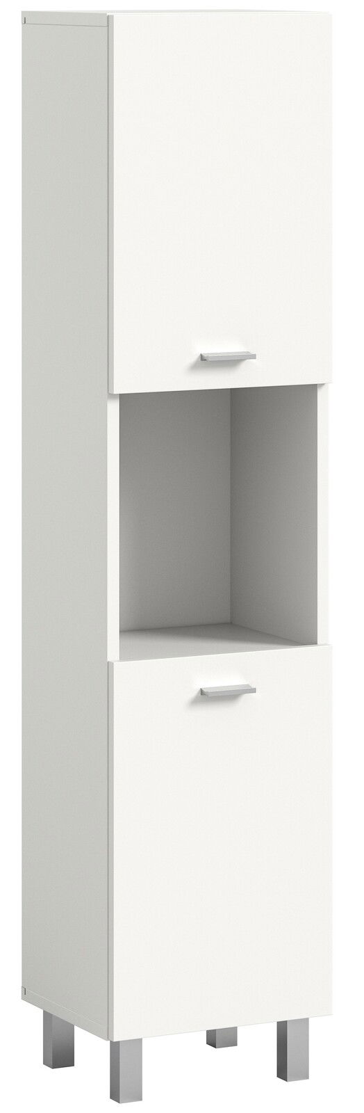 Weißer Badschrank mit zwei Türen und einem offenen Fach, perspektivisch von vorne links gesehen.