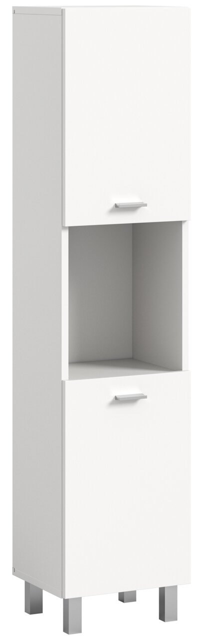 Weißer Badschrank mit zwei Türen und einem offenen Fach, perspektivisch von vorne links gesehen.