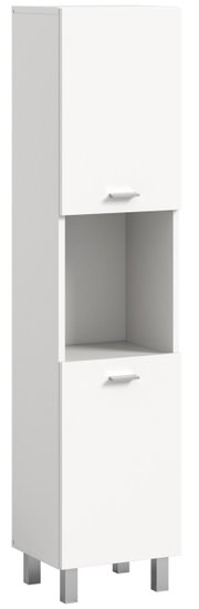 Weißer Badschrank mit zwei Türen und einem offenen Fach, perspektivisch von vorne links gesehen.