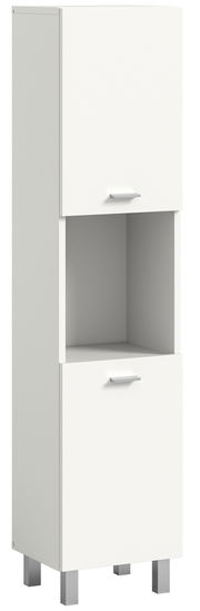 Weißer Badschrank mit zwei Türen und einem offenen Fach, perspektivisch von vorne links gesehen.