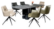 Moderne eethoek met rechthoekige tafel met donkergrijs blad en zwarte cilindervormige onderstellen, omringd door vijf draaibare kuipstoelen in beige, zwart en olijfgroen; schuin van voren gefotografeerd.